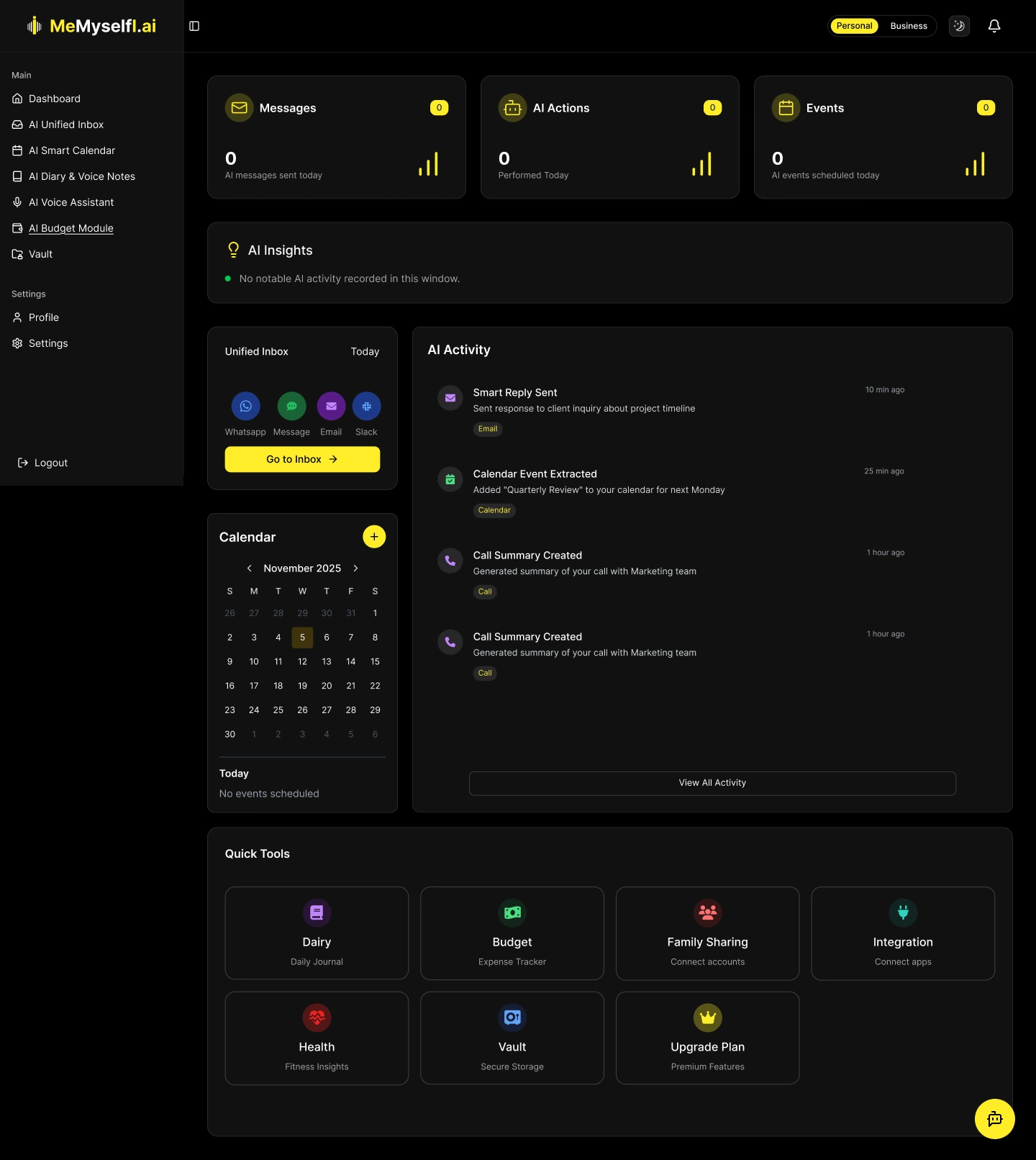 MeMyselfI.ai personal dashboard in dark theme
