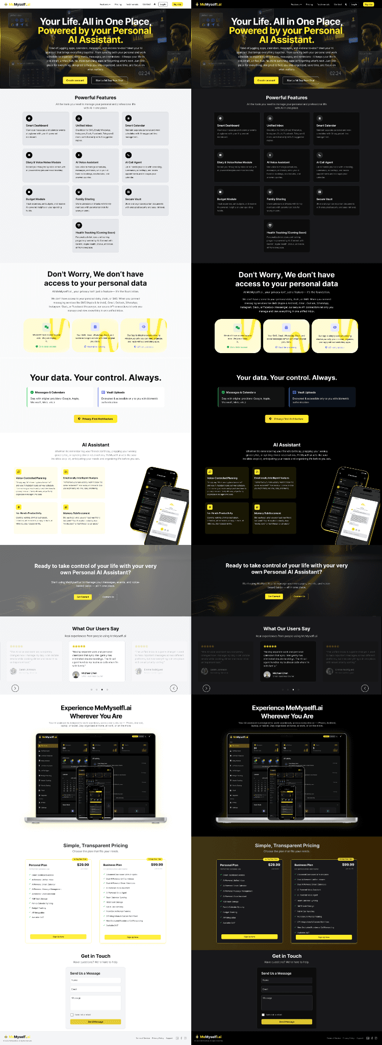 MeMyselfI.ai website in light and dark themes